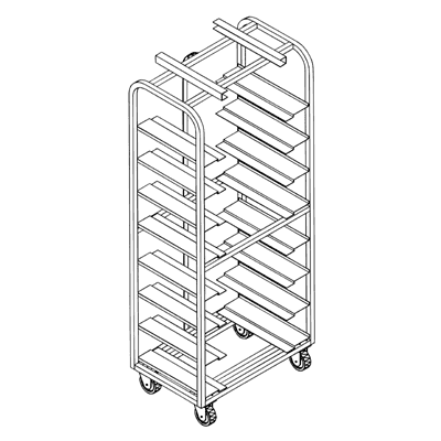 Magna Heavy Duty, Single Side Load Stainless Dahlen / Gemini Style Channel Lift Oven Rack, 69.8"H, .63"x5.75" Universal Shelves, 3.5"/17 Spacing, Item 8225_U
