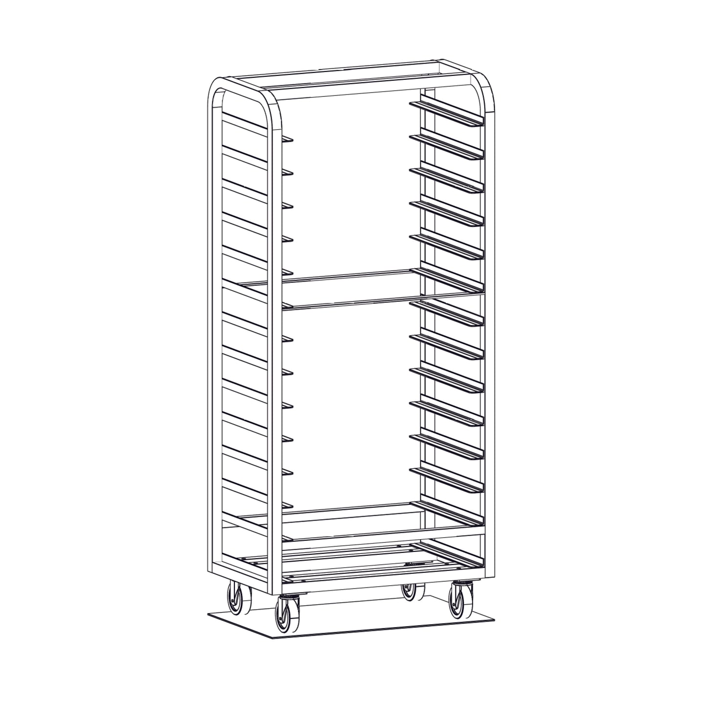 Magna 2" Spacing, 30-Pan Capacity, Heavy Duty Side Load, All Welded Aluminum Bun Pan Rack, Plate Casters, Item 4609-P