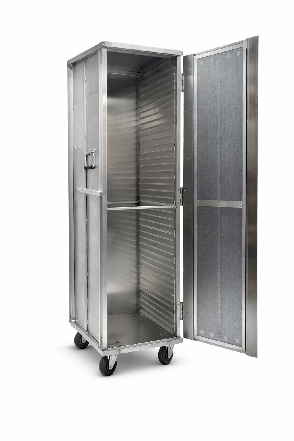 Magna Super Heavy Duty Aluminum Enclosed Bun Pan end Load Rack, 70" High, 1.5”/40 Spacing, 18”x26” Pan Size, 6" Casters, Item 9385