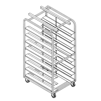 Magna Heavy Duty, Double Side Load Aluminum Dahlen / Gemini Style Channel Lift Oven Rack, 69.8"H, .63"x5.75" Universal Shelves, 3.5"/17 Spacing, Item 8214_U
