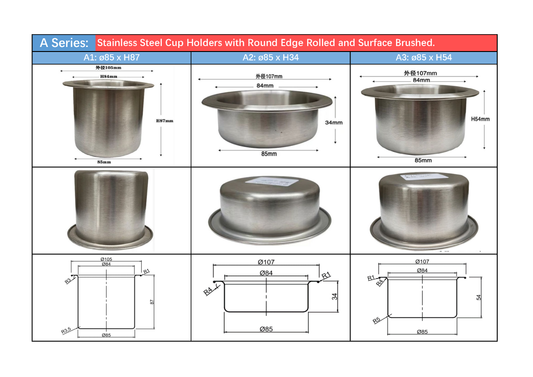 A Series: Stainless Steel Cup Holders with Round Edge Rolled and Surface Brushed