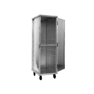 Magna Aluminum Enclosed Bun Pan end Load Rack, 70" High, 1.5”/40 Spacing, 18”x26” Pan Size, 4" Casters, Item 9382